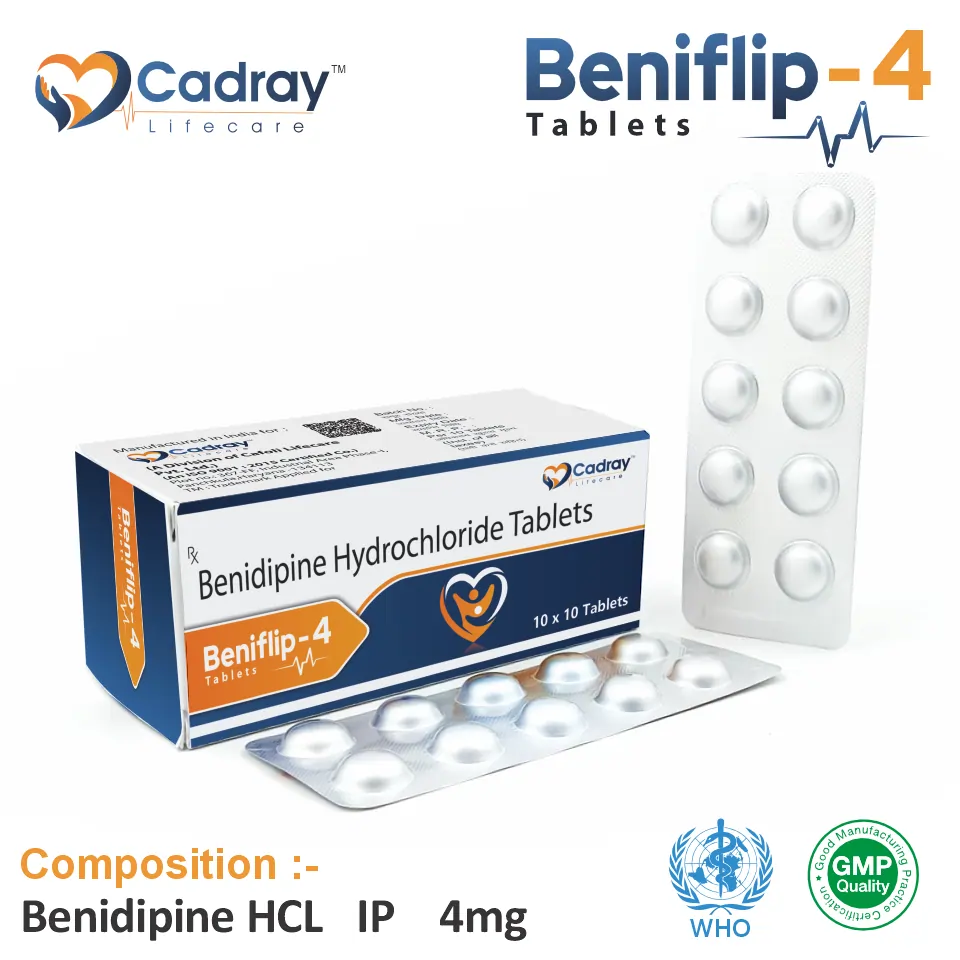 Beniflip 4 Tablet with Benidipine 4mg helps manage hypertension. WHO GMP certified, available at the best price for PCD pharma franchise, third-party manufacturing & export.